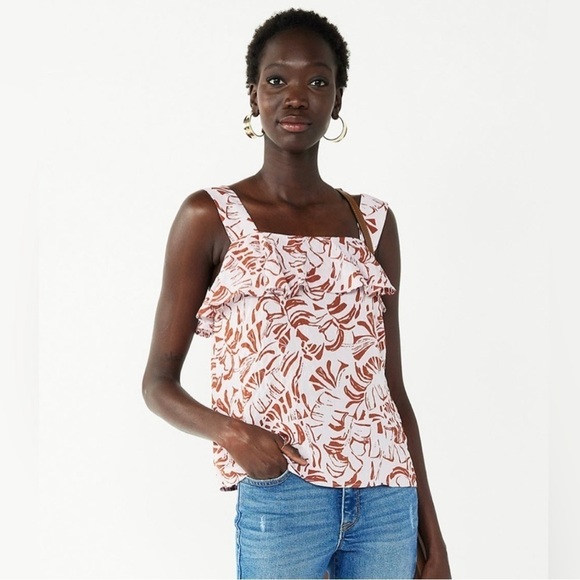 Nine West Ruffle Wide Strap Summer Pink Brown Tank, Size Large - Picture 3 of 10